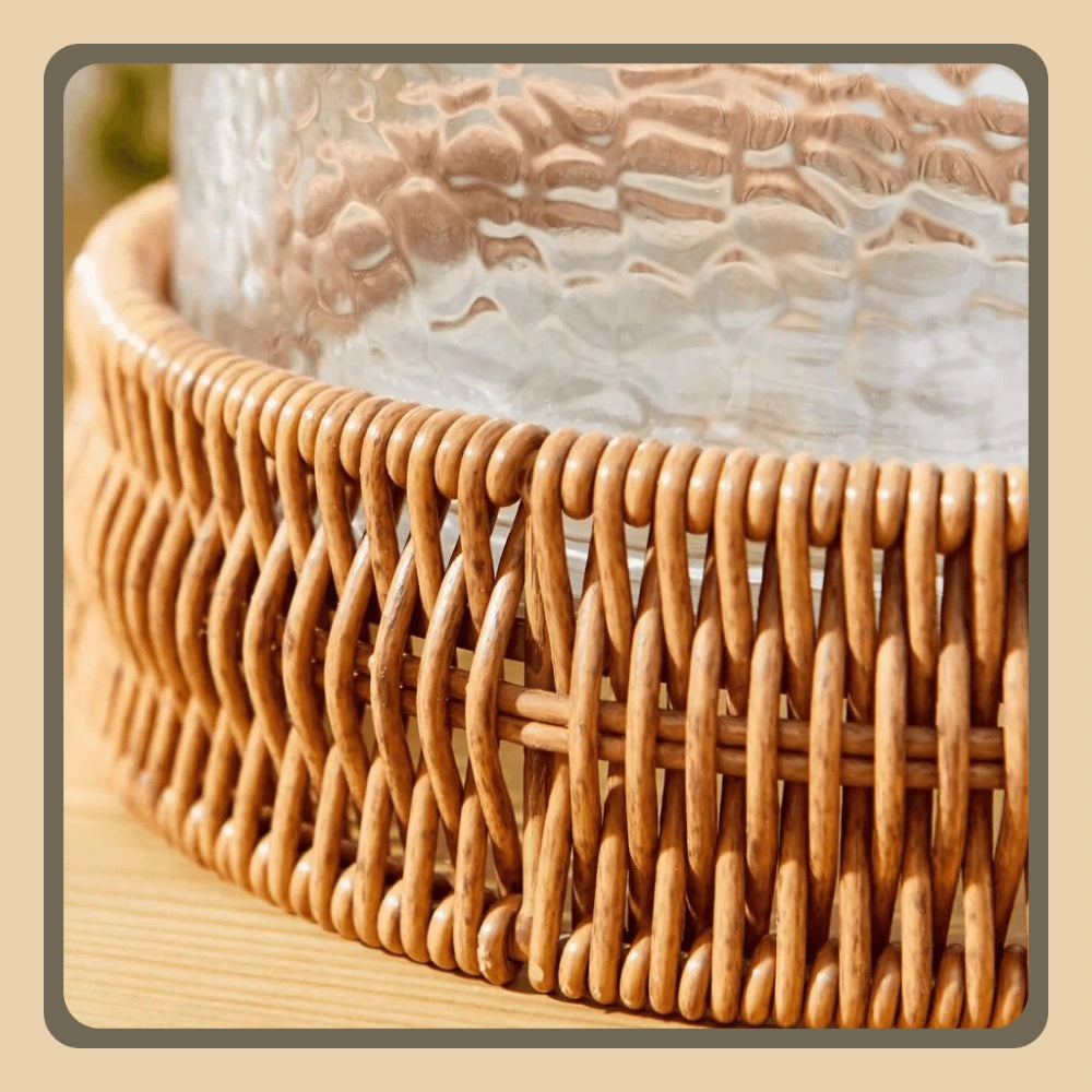Clear Hammered Glass Hurricane Candle Holder - Rustic Woven Base