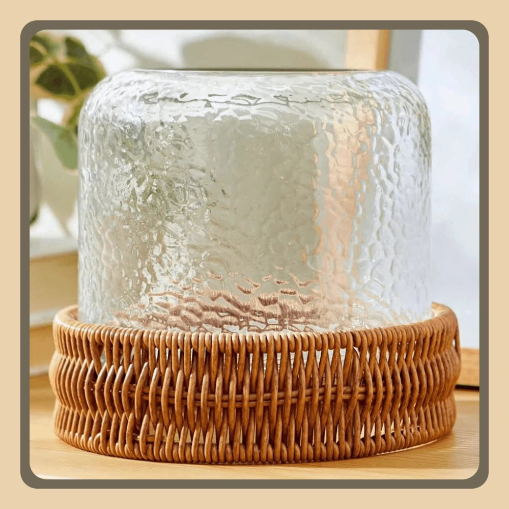 Clear Hammered Glass Hurricane Candle Holder - Rustic Woven Base