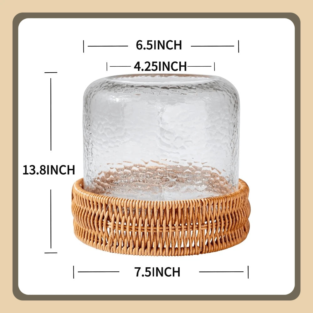 Clear Hammered Glass Hurricane Candle Holder - Rustic Woven Base