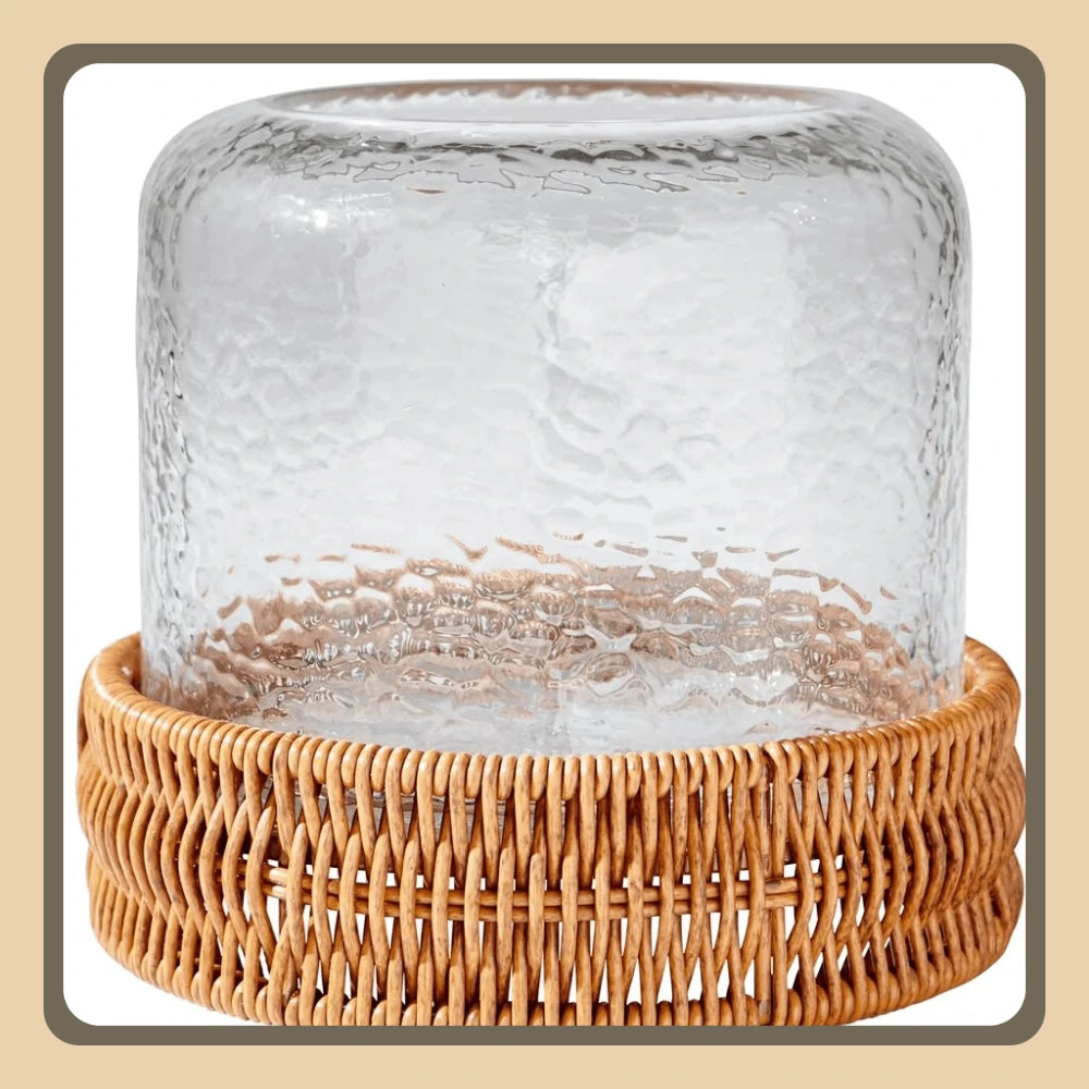 Clear Hammered Glass Hurricane Candle Holder - Rustic Woven Base