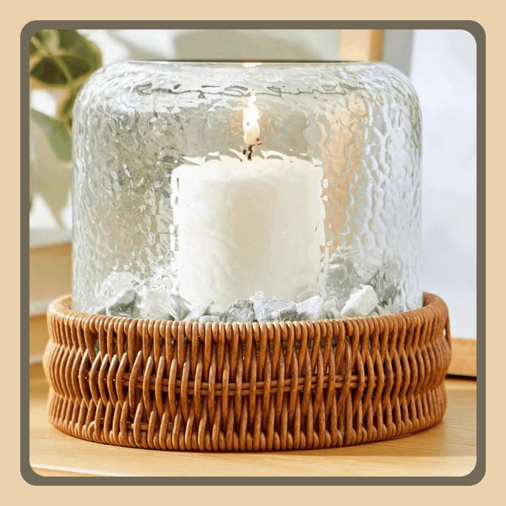 Clear Hammered Glass Hurricane Candle Holder - Rustic Woven Base