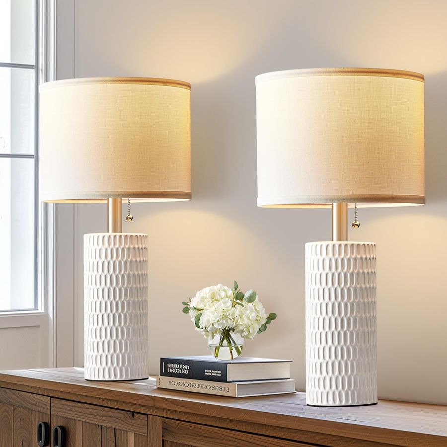 Modern White Ceramic Lamps Set of 2 - Elegant Bedroom Decor