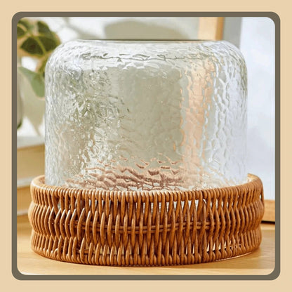 Clear Hammered Glass Hurricane Candle Holder - Rustic Woven Base